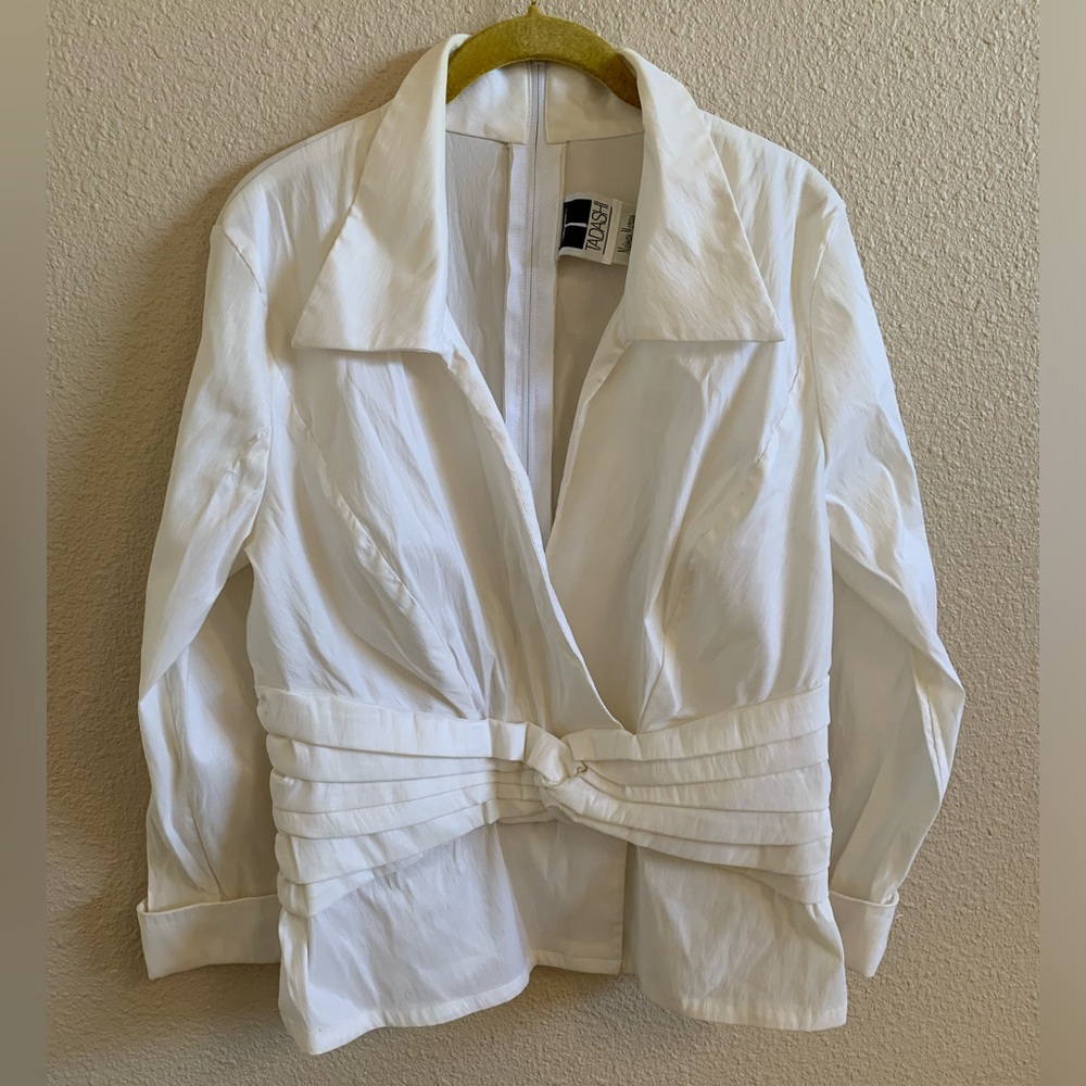 Vintage Tadashi Off White Structured Faux Wrap Pleated Long Sleeve Blouse 🌴